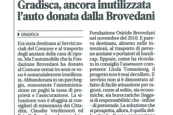 Gradisca, ancora inutilizzata l’auto donata dalla Brovedani