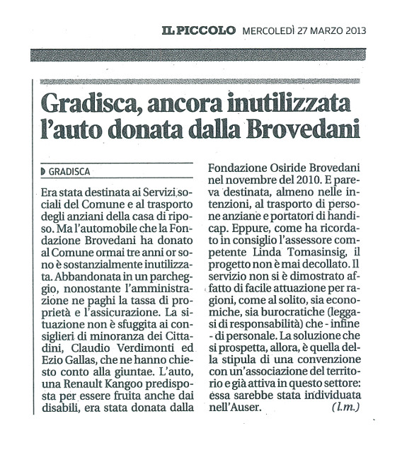 Gradisca, ancora inutilizzata l’auto donata dalla Brovedani